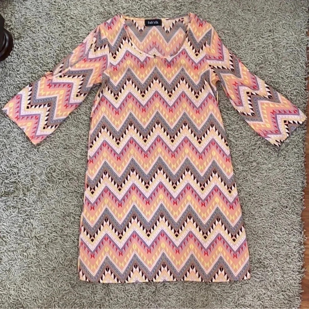 Fab’rik Boutique 70s Style Zig Zag Multi Color Pattern Dress- Size Small - Picture 2 of 5